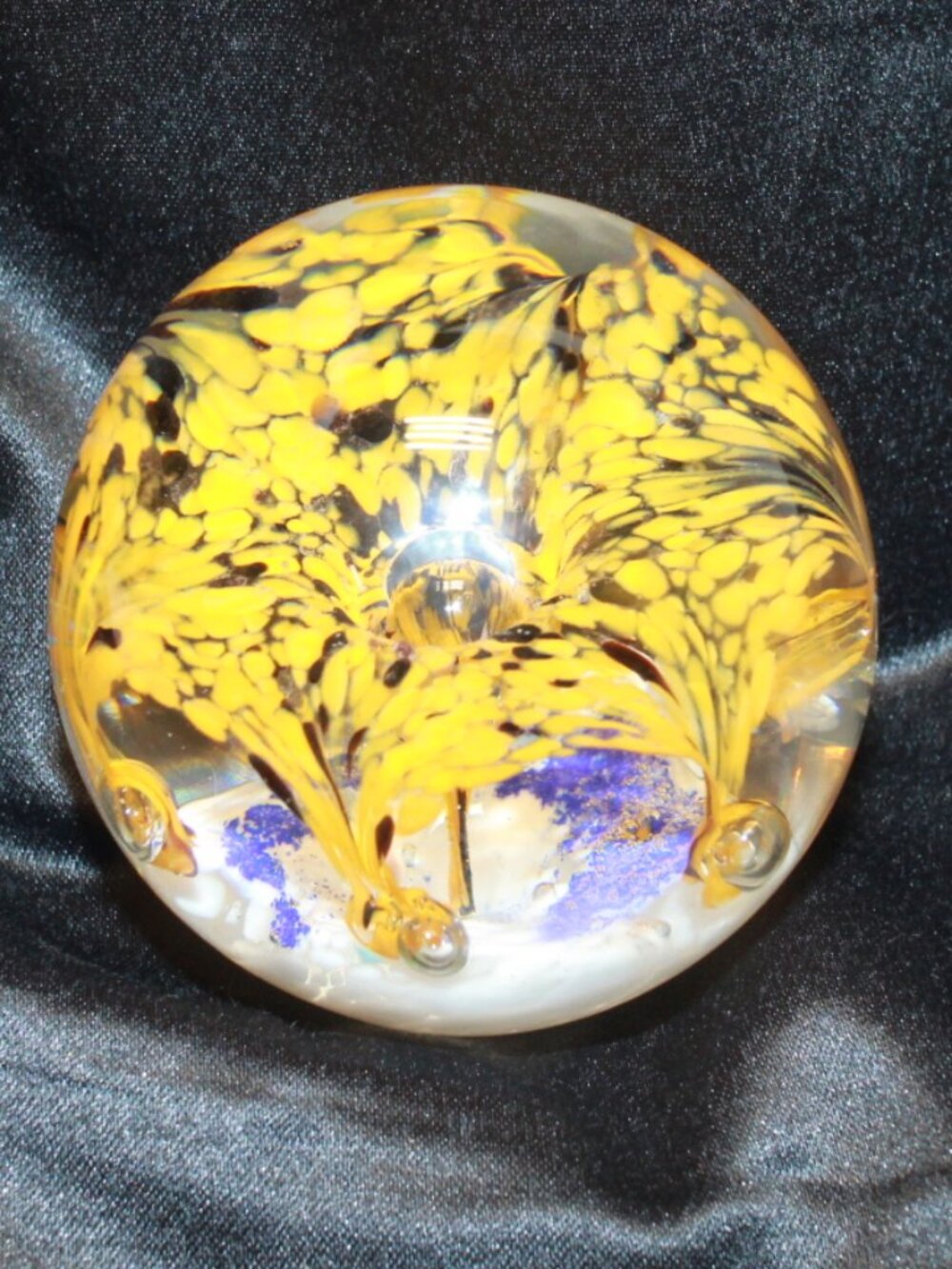 Art Glass Paperweight Yellow Blue Confetti Floral with Bubbles ~10 in Cir 3 in W